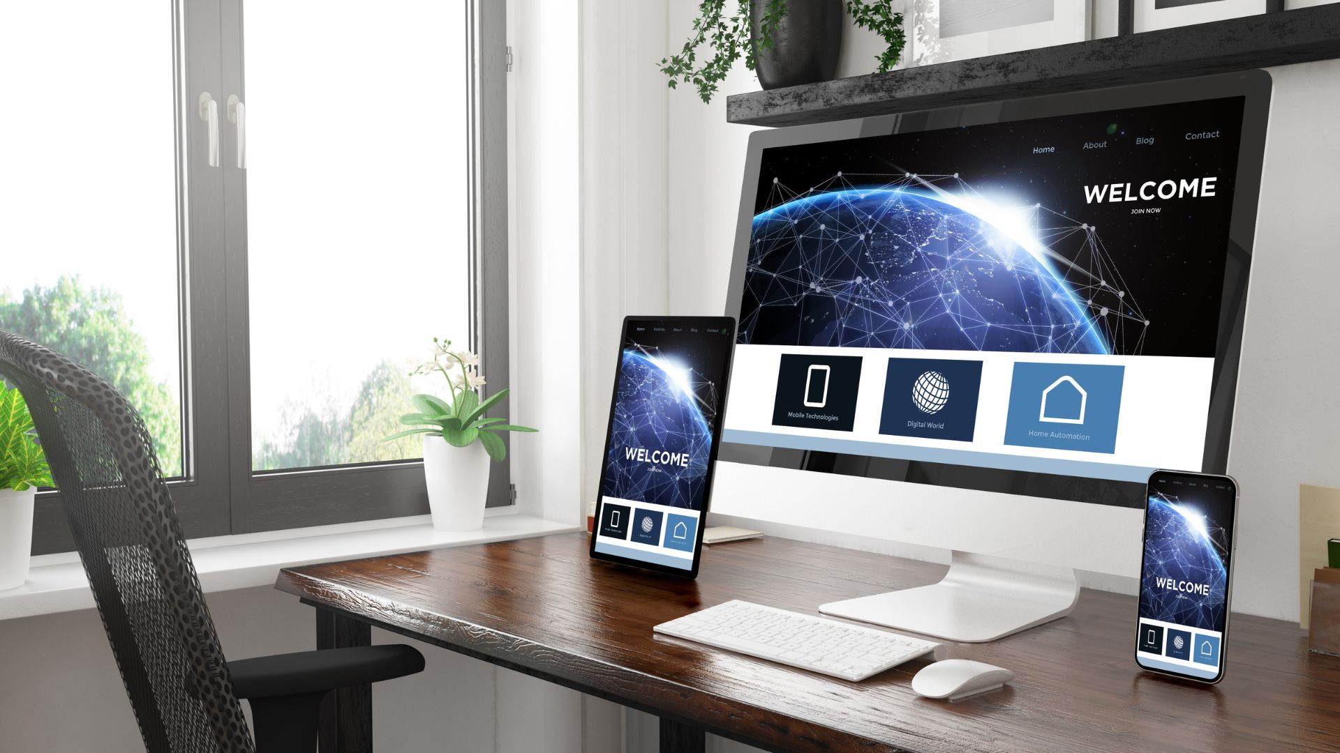 Modern Workspace With Computer Tablet And Smartphone Display